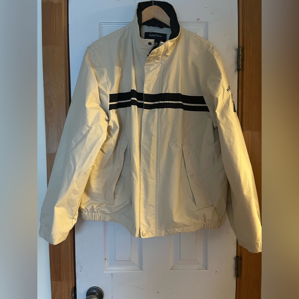 Nautica Men’s Cream Windbreaker with Black Stripes